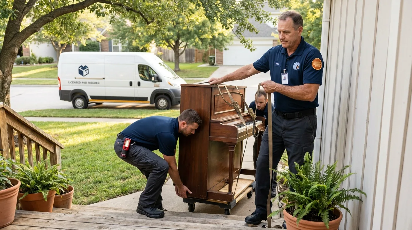 Licensed piano movers securing grand piano in Munford, TN