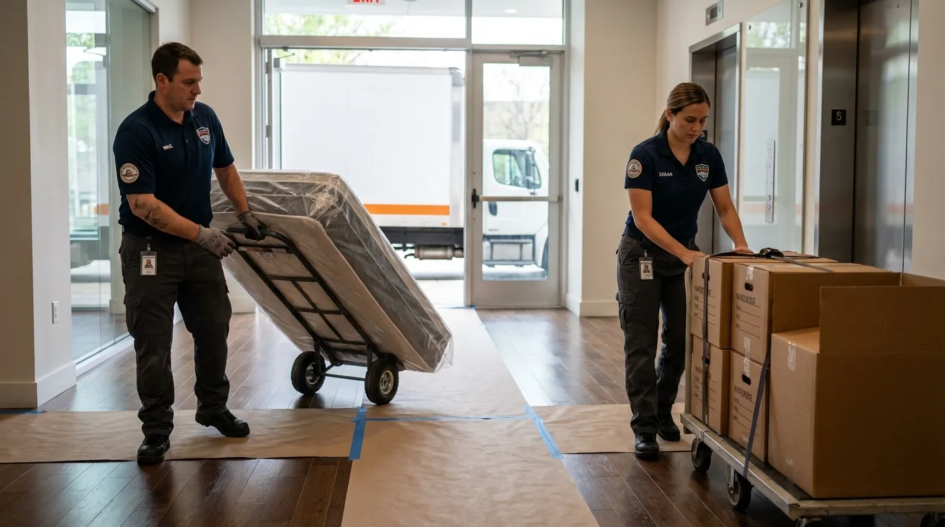 Professional apartment movers loading elevator in Munford, TN